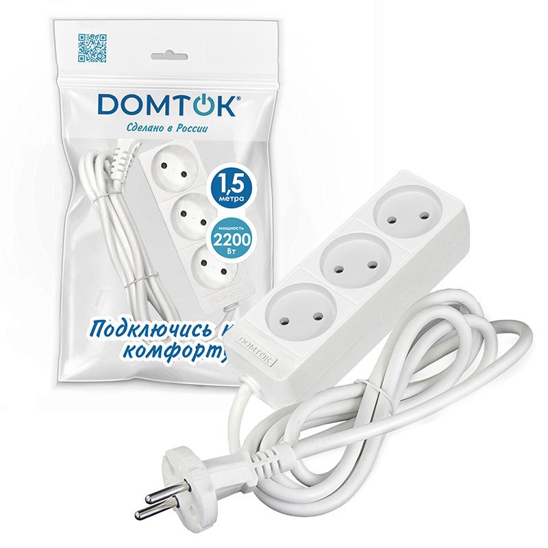 Удлинитель 3х1.5м без заземл. 10А IP20 2.2кВт ПВС 2х1 бел. DOMTOK 2349