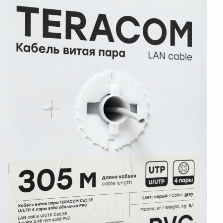 Кабель витая пара U/UTP кат.5e 4 пары solid оболочка PVC сер. TERACOM EKF TRC-5EUTP-04PVC-GY-IN3