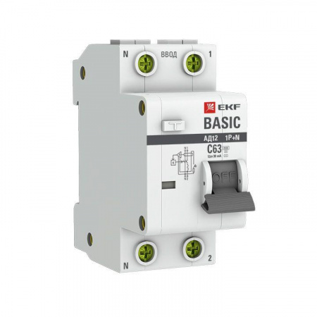 Выключатель автоматический дифференциального тока 1п+N C 25А 30мА тип АС эл. 4.5кА АД-12 Basic EKF DA12-25-30-bas