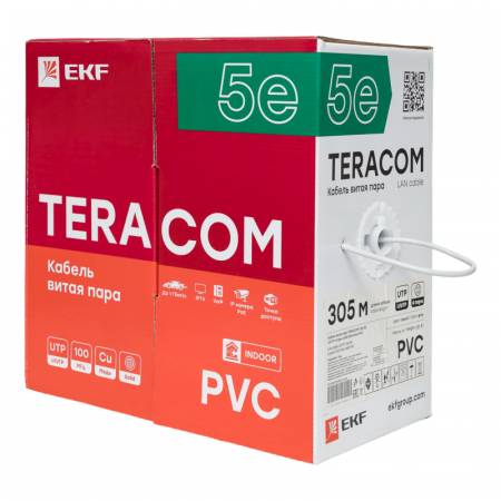 Кабель витая пара U/UTP кат.5e 4 пары solid оболочка PVC сер. TERACOM EKF TRC-5EUTP-04PVC-GY-IN3